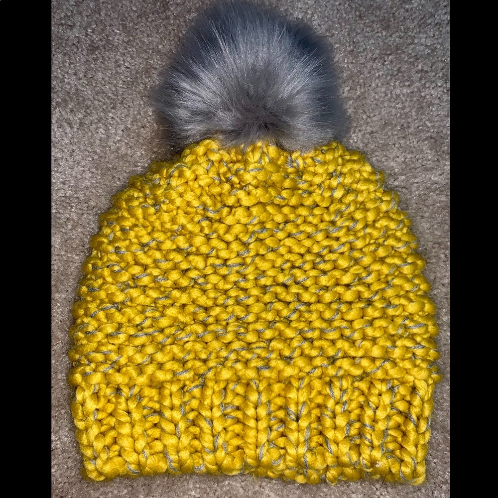 Yellow Beanie w/ Gray Faux Fur Ball